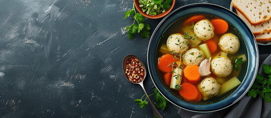 Soup with matzo balls in aromatic chicken or vegetable broth with carrots, celery