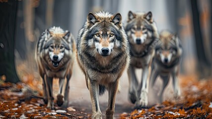 pack of wolves in the autumn forest , predators hunting, attack of wild animals