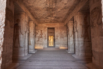interior footage of the Great Temple of Abu Simbel, the temple of Hathor and Nefertari, also known as the Small Temple, Egypt