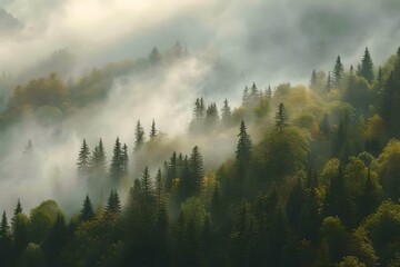 Mystical forest scene with mist and sunlight. tranquil nature backdrop. serene landscape photo. AI
