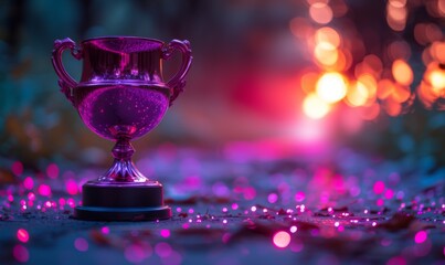 A winner trophy cup set against abstract purple and pink lights blur blinking background. Generative AI