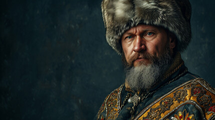 A distinguished Russian Cossack in his forties exuding an unmistakable sense of pride in his rich heritage. Adorned with a magnificent fur hat and a beautifully decorated traditional coat, h