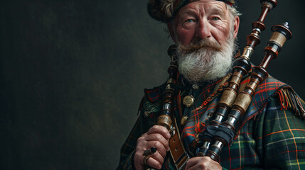 A distinguished Scottish bagpiper in his 50s sporting a proud expression and a full Highland dress. Immerse yourself in the rich cultural heritage of Scotland with this captivating image.
