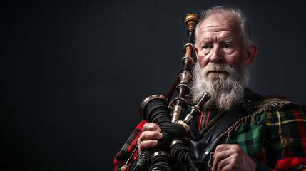 A distinguished Scottish bagpiper in his 50s sporting a proud expression and a full Highland dress. Immerse yourself in the rich cultural heritage of Scotland with this captivating image. - obrazy, fototapety, plakaty