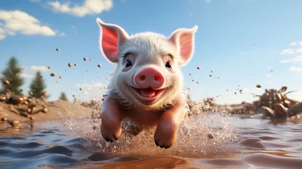 Poster A Cartoon Piglet in a Cute Farming Scene.Small Piggy © EwaStudio