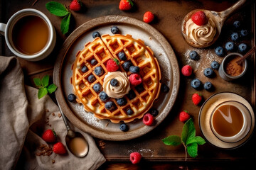 Stack of waffles topped with fresh berries, whipped cream and mint on the old dark wooden table.