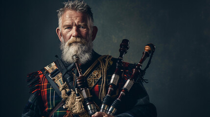 Fototapeta na wymiar A proud and seasoned Scottish bagpiper, in his 50s, donning a full Highland dress, exudes cultural pride. His weathered face bears a content smile, as if sharing centuries of Highland herita