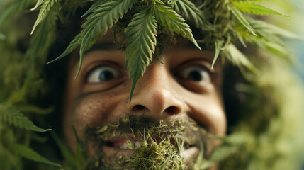 Smiling Face of Cannabis. Portrait of a Marijuana Enthusiast. Legal and Happy - obrazy, fototapety, plakaty