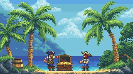 Naklejka premium 8-bit pixel art pirate duo on deserted island with treasure chest full of gold 