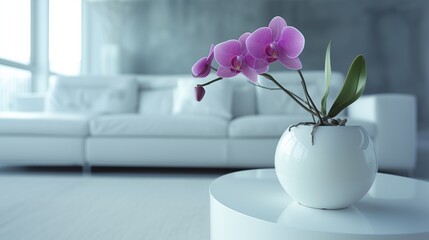 Orchid centerpiece in a modern minimalist living room, pink