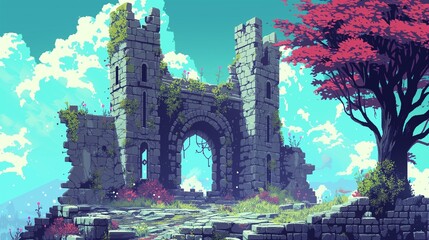 Castle ruins video game asset pixel art
