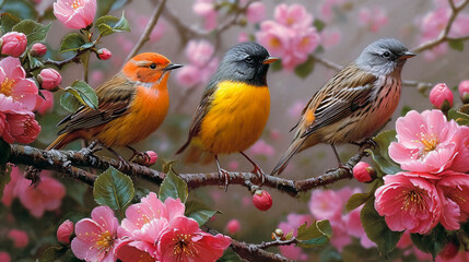 Fototapeta premium Colorful Bird. Songbird in Cherry Blossoms