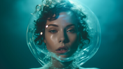 Portrait einer Frau in Seifenblase mit Lichtreflexen blickt. Abstrakt surrealistische Illustration