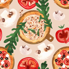 Seamless pizza pattern with mushrooms, tomatoes, olives and arugula. Watercolor illustration for menus, recipes, kitchen textiles, design of cafes, restaurants and pizzerias, as well as pizza boxes