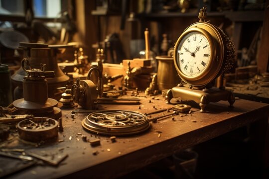 Table with tools and clockwork details, clock mechanisms disassembled for repair