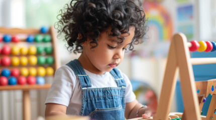 young child is thoughtfully engaged with an abacus, suggesting a learning or play environment.