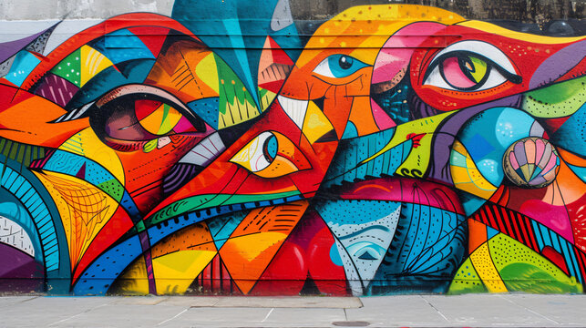 A captivating street art mural bursting with vibrant colors and innovative designs, vividly capturing the dynamism and creativity of urban culture.