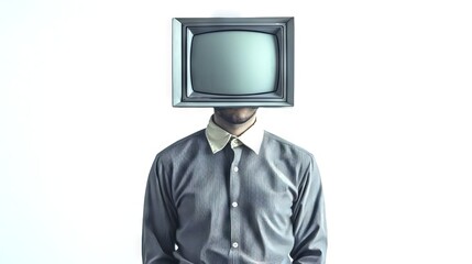 Person with a television set for a head on a white background. Concept of media influence, anonymity, information overload, screen time, and digital identity.