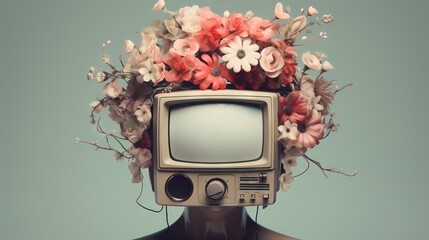 Surreal portrait of a person with a TV head surrounded by flowers. Concept of nature versus technology, media growth, and creativity. - obrazy, fototapety, plakaty