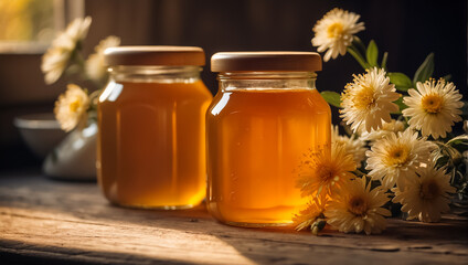 Jars of honey, flowers in the kitchen composition - obrazy, fototapety, plakaty