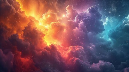 Fototapeta na wymiar Whimsical rainbow cosmic clouds with glowing particles. Mystical sparkling heaven. Ethereal nebula. Abstract beautiful sky backdrop. Concept of surreal cloudscape, fantasy art, mystery and miracle