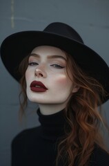 the woman wears a black hat and dark makeup in an urban setting