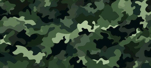 Green camo texture for stealth and concealment. Camouflage pattern with shades of green and black. Backdrop. Wide banner. Concept of army uniform, military, woodland environment, and survival. - obrazy, fototapety, plakaty