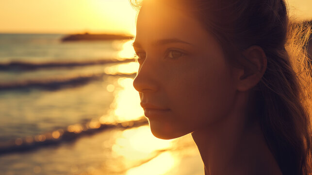 Mulher jovem na praia sobre o por do sol 