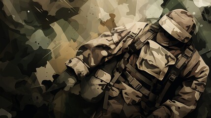 Stylized soldier in camouflage gear. Concept of military, defense, strategy, soldier's attire, and combat. Military backdrop