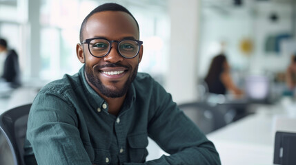 Obraz premium A smiling man with glasses is sitting in a casual office setting, exuding confidence and satisfaction.