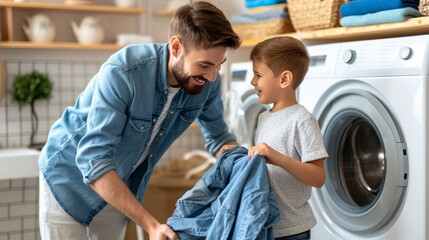 Father and son collaborating to load dirty laundry into washing machine for household chores