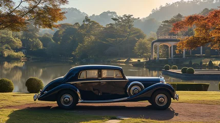 Papier Peint photo Voitures anciennes Immaculately restored vintage car parked in a breathtaking setting, showcasing timeless elegance and exquisite craftsmanship.