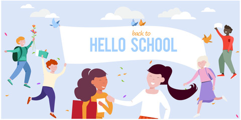 Vector illustration,  children teenagers going to school, education, creativity. The first day of middle high school