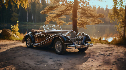 Immaculately restored vintage car graces a scenic backdrop, showcasing timeless elegance and automotive artistry.