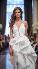 Fototapeta premium Wedding Model. Female models walk the runway in beautiful stylish white wedding dresses during a Fashion Show