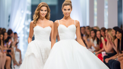 Naklejka premium Wedding Model. Female models walk the runway in beautiful stylish white wedding dresses during a Fashion Show