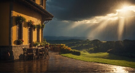 Sunlight filtering through the clouds, illuminating an old building adorned with wooden chairs - obrazy, fototapety, plakaty