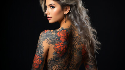 Fototapeta premium Back View of a Woman Flaunting Her Tattoo. Young Lady Displaying Her Intricate Tattoo
