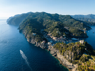 Aerial image of the colourful village of Portofino in beautiful golden light