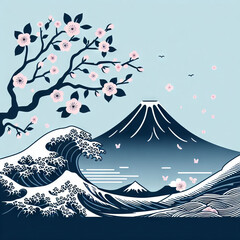 Illustration of mount Fuji and the cherry blossom in Japan