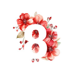 Red composition of March 8 with watercolor flowers. Vector illustration design.