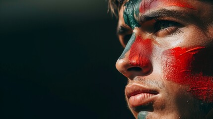 Cheering portugal fan with face paint at sports event, blurry stadium background and text space