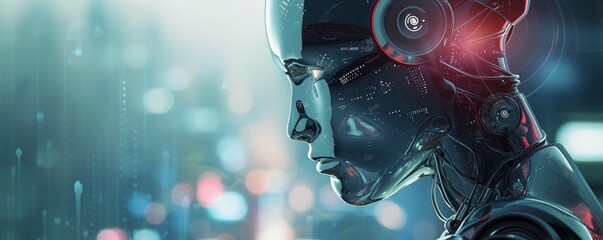 A highly detailed, futuristic image of a female android head, with intricate cybernetic components and glowing neon lights, set against a backdrop of a blurred cityscape suggesting advanced technology