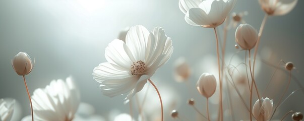 A high-definition, close-up image of pristine white flowers against a soft, defocused background, with sunlight filtering through, highlighting the flowers' delicate features 