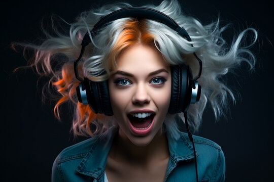 portrait of a  girl in headphones on a black background