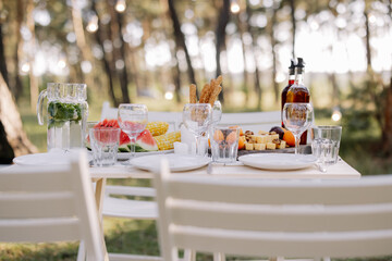 Decor in boho style. Picnic in the nature, table. Holidays in the nature concept.