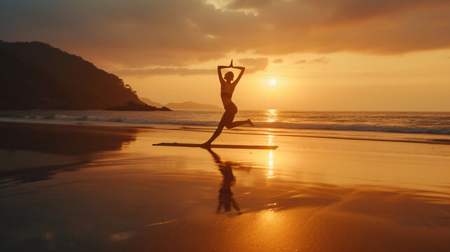 Serene woman doing yoga on tranquil beach, basking in the golden sunrise glow. Find inner peace and wellness with this mesmerizing stock image.
