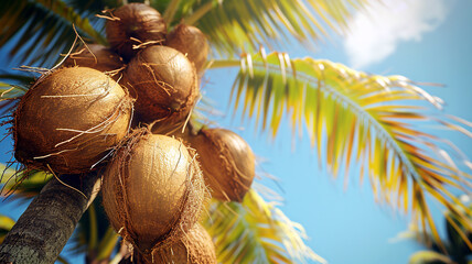 Coconuts on palm tree. From below palm tree with green branches and coconuts against the blue sky in the sunshine - Powered by Adobe