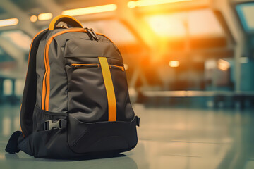 Traveler's Backpack in Airport. A single backpack stands in the glow of a setting sun at an airport, symbolizing travel and adventure, ideal for travel blogs and gear promotions.