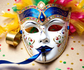 A Carnival Party Extravaganza - Vibrant Venetian Mask Adorned with Colourful Streamers and Whistles, Creating a Festive Atmosphere of Celebration, Medium Website Banner